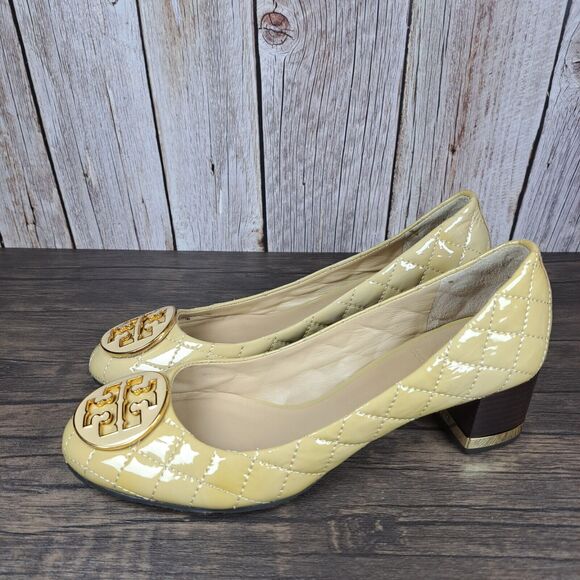 Tory Burch Maggie Quilted Pump Patent Med Khaki Heels Women's Sz 8 M (Worn Once)